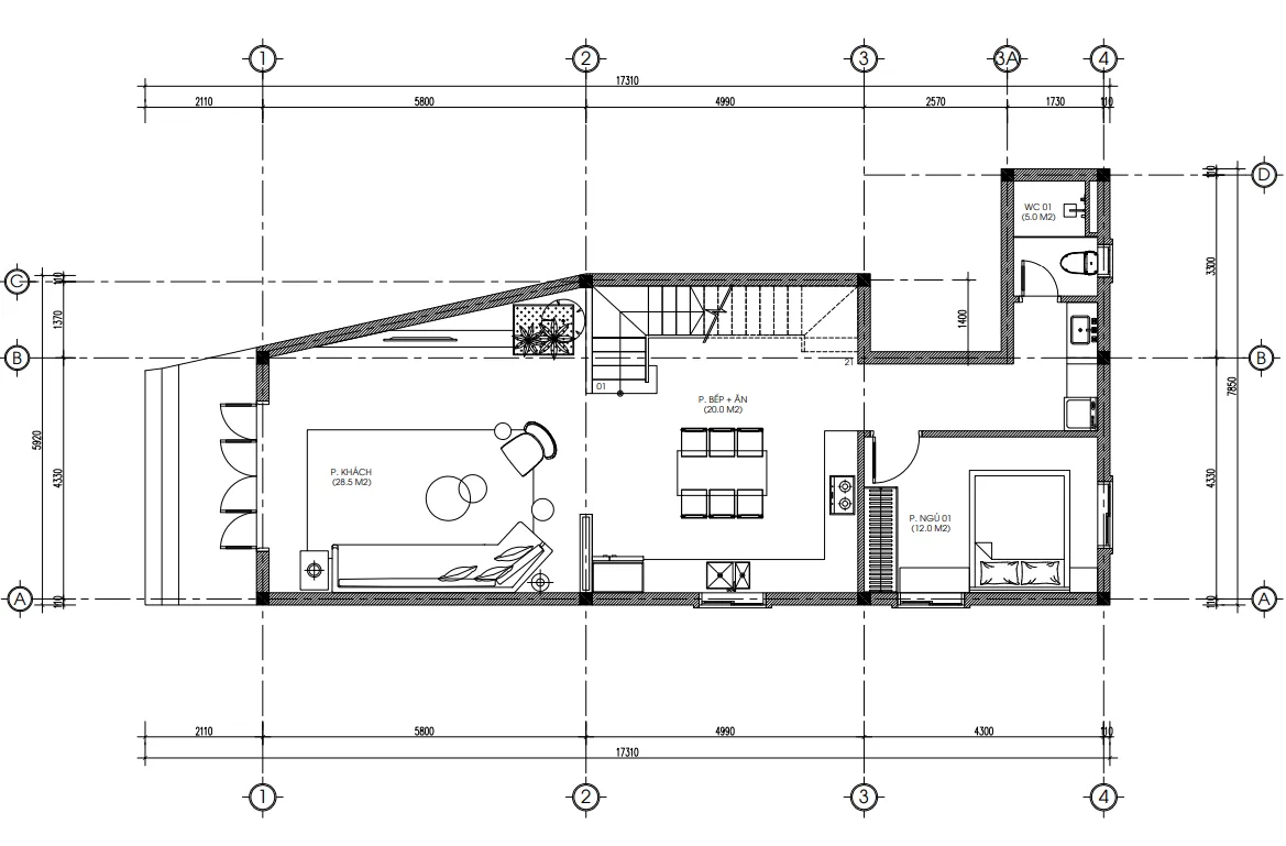 mặt bằng tầng 1 thiết kế nhà ống 2 tầng