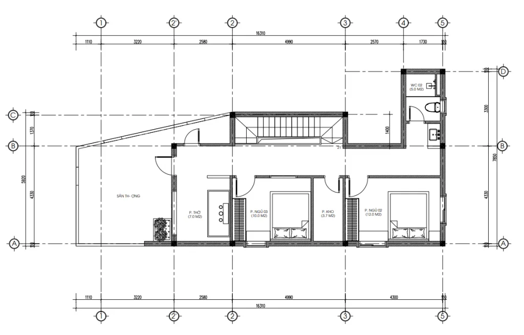 mặt bằng tầng 2 thiết kế nhà ống 2 tầng