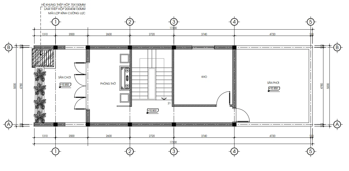 mặt bằng tầng tum thiết kế nhà ống 3 tầng 1 tum