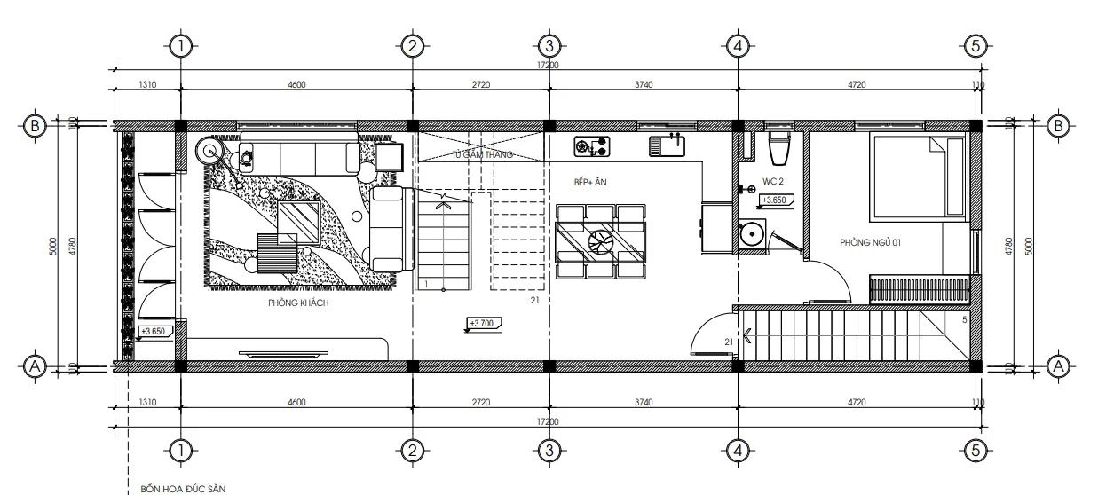 mặt bằng tầng 2 thiết kế nhà ống 3 tầng 1 tum