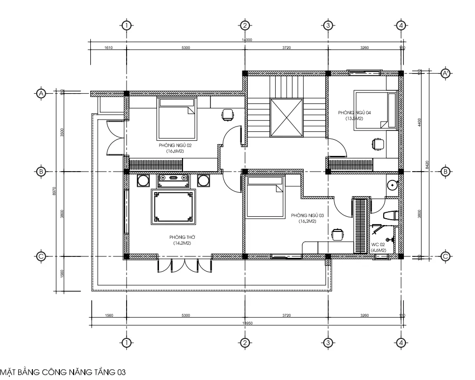 mặt bằng tầng 3 thiết kế nhà phố 3 tầng hiện đại