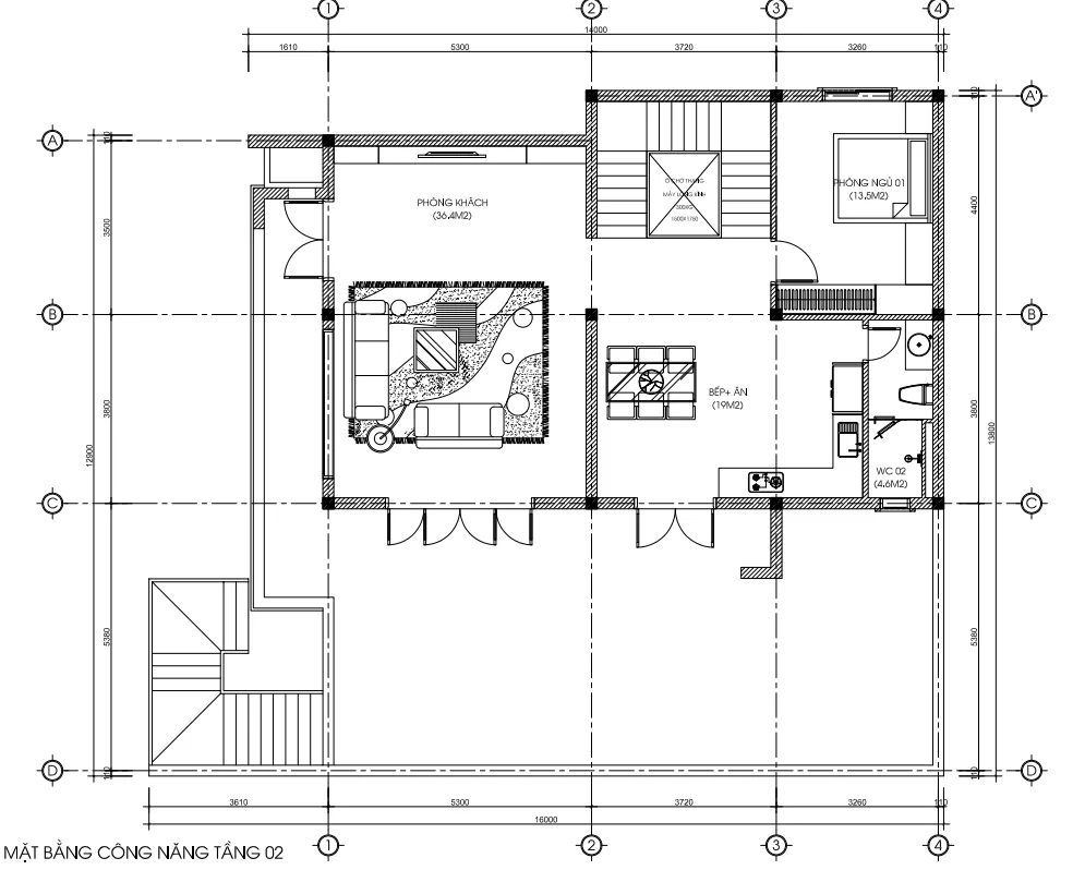 mặt bằng tầng 2 thiết kế nhà phố 3 tầng hiện đại