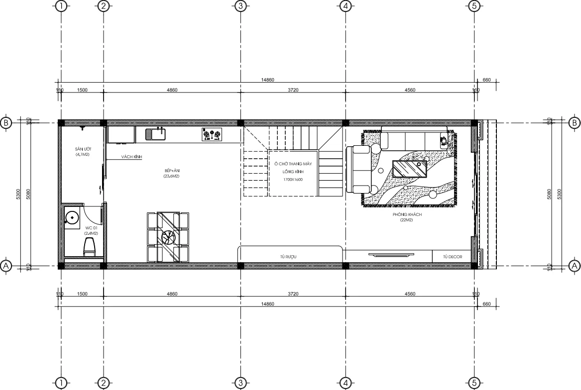 mặt bằng tầng 1 thiết kế nhà phố tân cổ điển