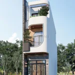 Chi tiết ban công và đường cong kiến trúc mặt tiền mẫu nhà phố 3 tầng hiện đại.