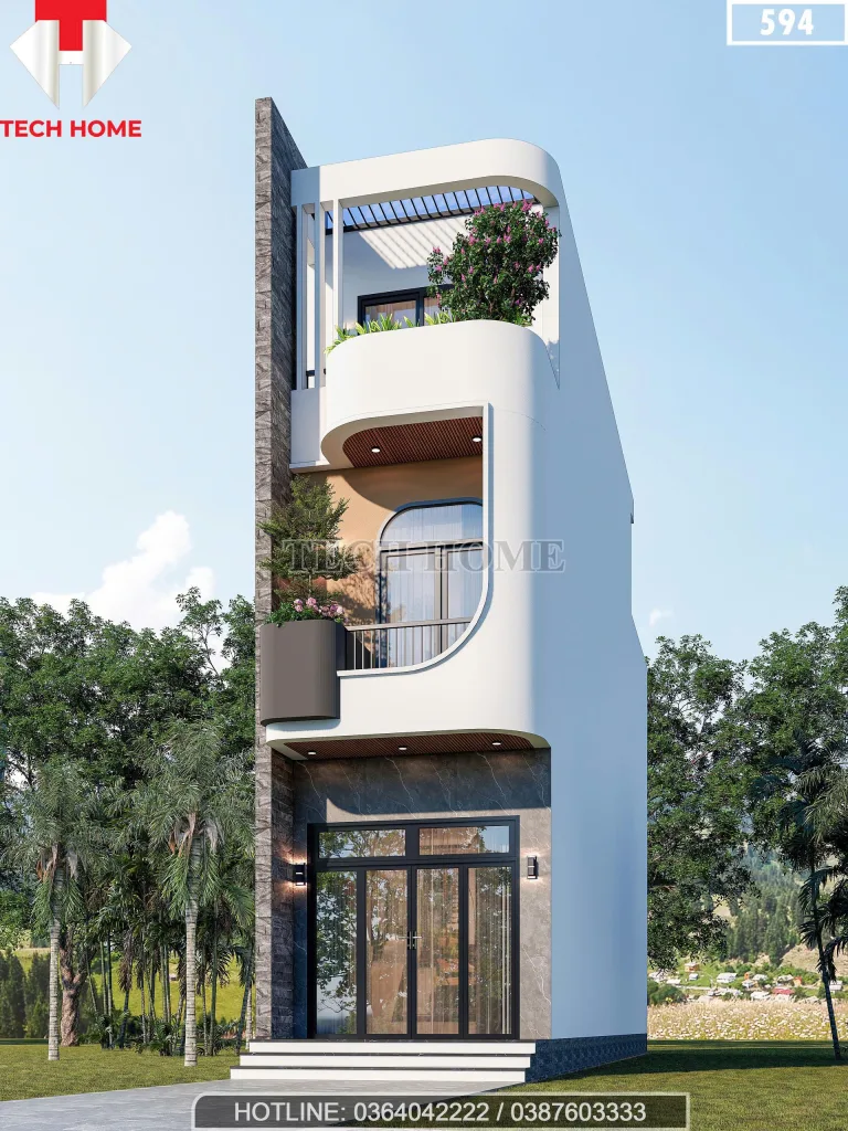 Chi tiết ban công và đường cong kiến trúc mặt tiền mẫu nhà phố 3 tầng hiện đại.