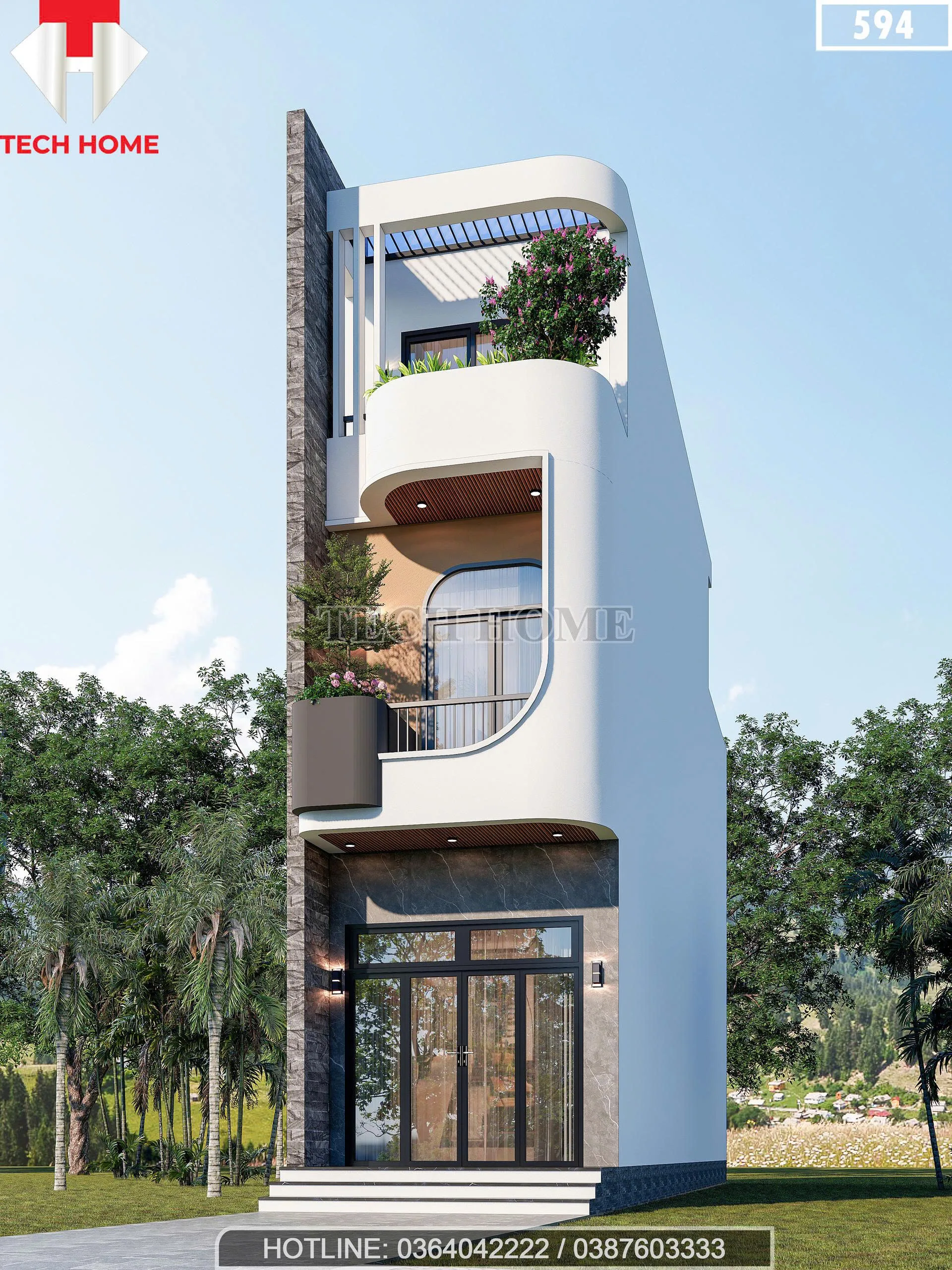 Chi tiết ban công và đường cong kiến trúc mặt tiền mẫu nhà phố 3 tầng hiện đại.