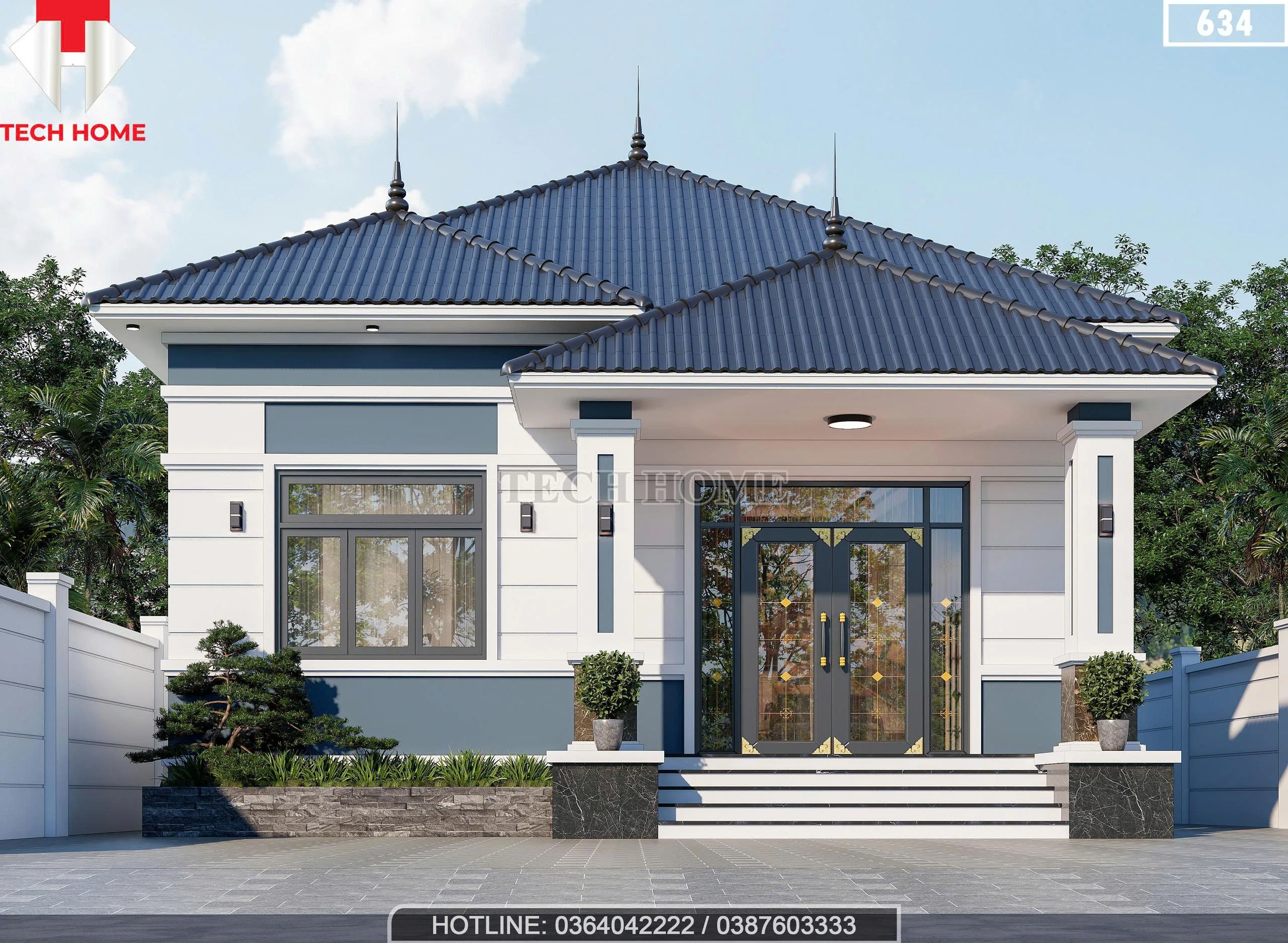 Góc nhìn cận cảnh sảnh chính và hệ cột trụ mẫu nhà cấp 4 mái Nhật 4 phòng ngủ đẹp.