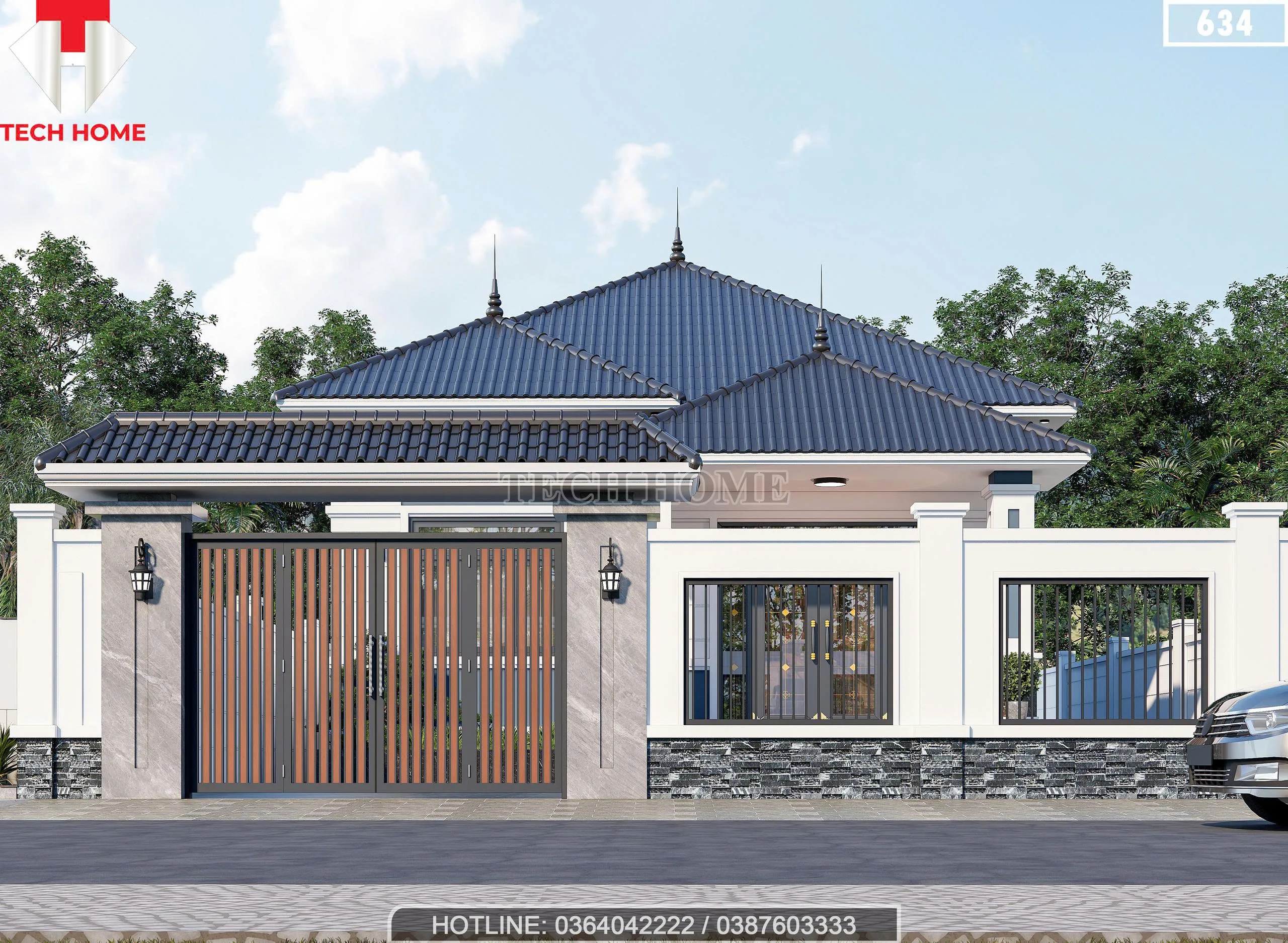 Phối cảnh mặt tiền mẫu nhà vườn mái Nhật hiện đại với hệ cổng rào kiên cố và thẩm mỹ.