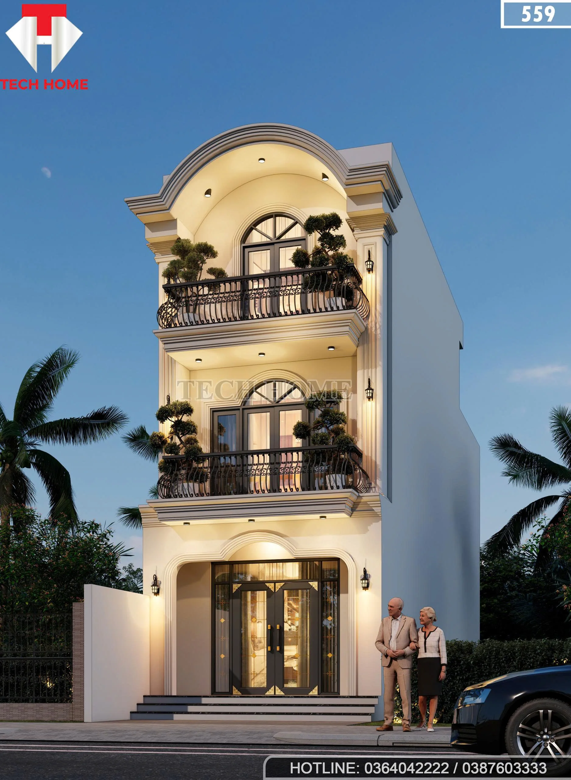 Góc nghiêng mẫu nhà 2 tầng 1 tum hiện đại kết hợp tân cổ điển sơn trắng sứ.