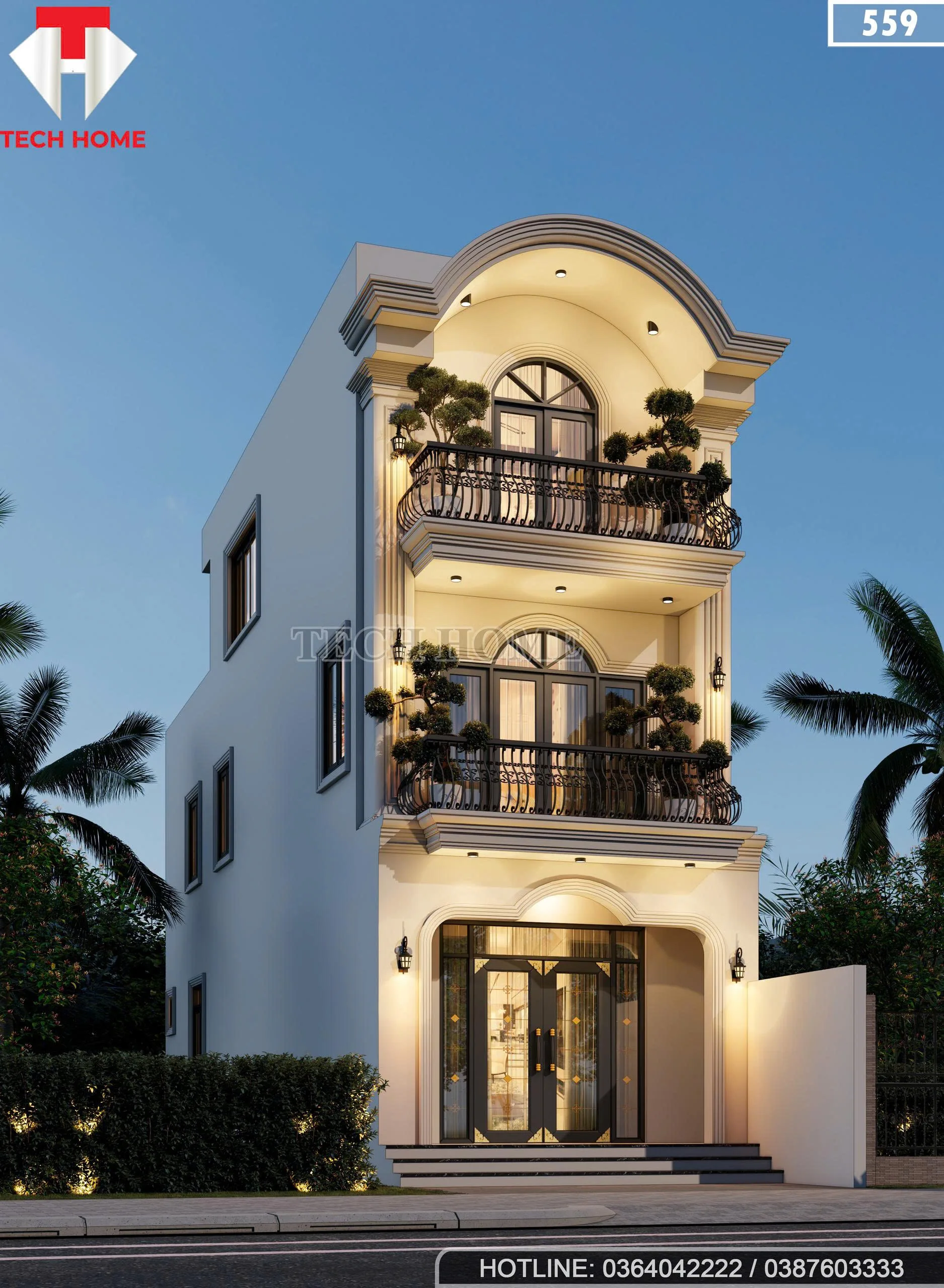 Mẫu thiết kế nhà ống 2 tầng 1 tum phong cách tân cổ điển với ban công sắt mỹ thuật sang trọng.