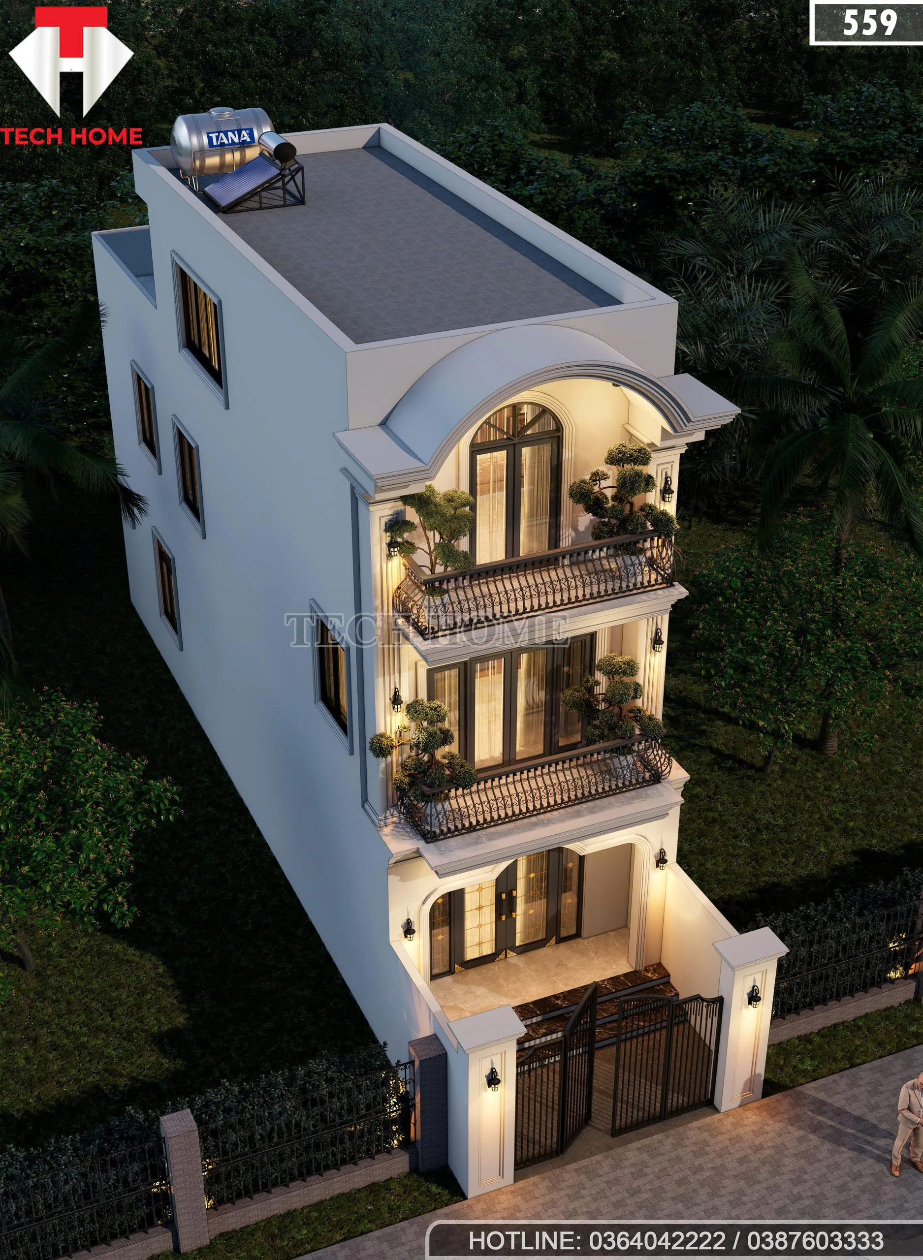 Tổng thể mẫu nhà 2 tầng 1 tum nhìn từ trên cao với sân phơi và hệ thống thái dương năng.