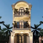 Phối cảnh mặt tiền mẫu nhà 2 tầng 1 tum tân cổ điển mái vòm đẹp tại Bắc Ninh.