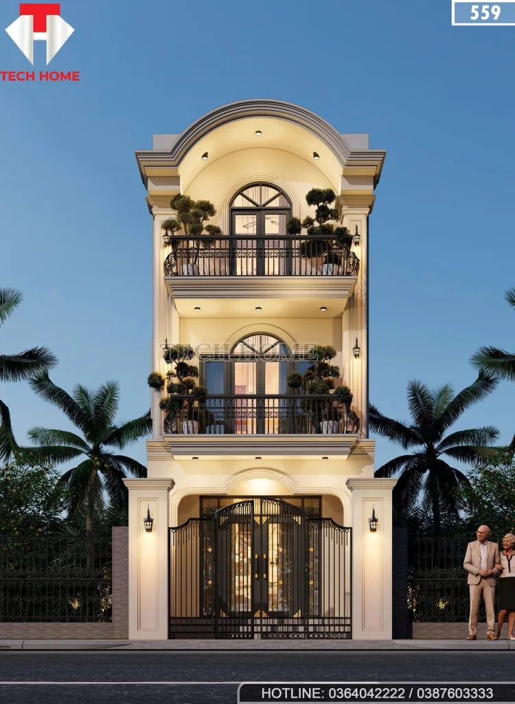 Phối cảnh mặt tiền mẫu nhà 2 tầng 1 tum tân cổ điển mái vòm đẹp tại Bắc Ninh.