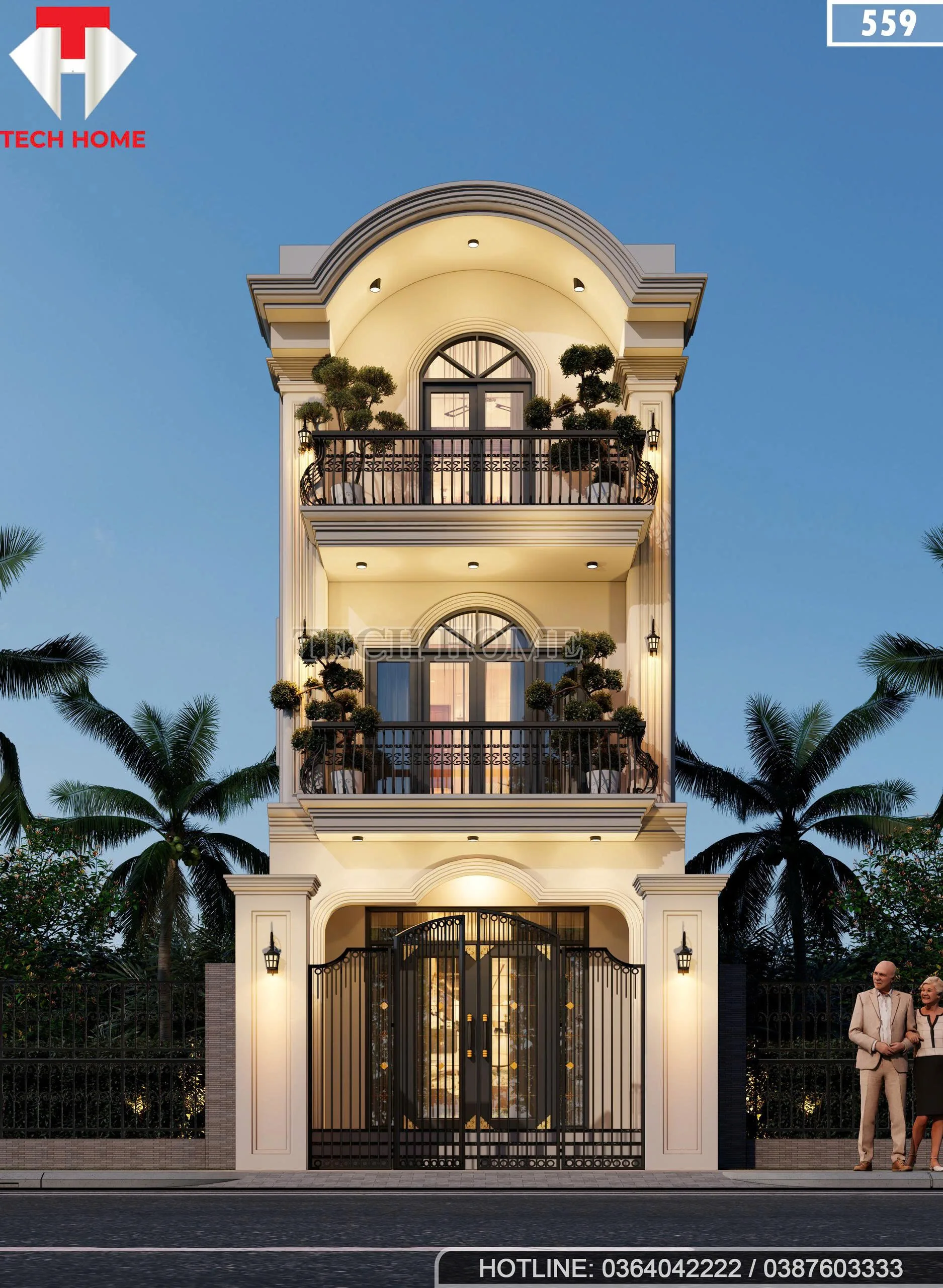 Phối cảnh mặt tiền mẫu nhà 2 tầng 1 tum tân cổ điển mái vòm đẹp tại Bắc Ninh.