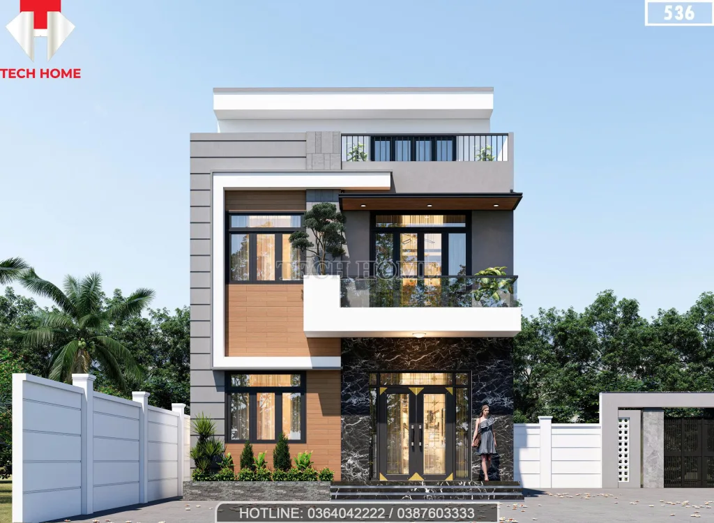 Phối cảnh mặt tiền mẫu nhà 2 tầng 1 tum hiện đại ốp đá sang trọng tại Hà Nội.