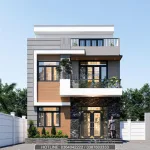 Phối cảnh mặt tiền mẫu nhà 2 tầng 1 tum hiện đại ốp đá sang trọng tại Hà Nội.