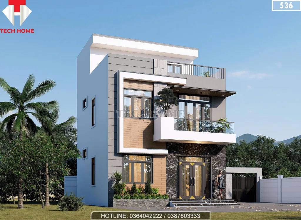 nhà 2 tầng 1 tum hiện đại