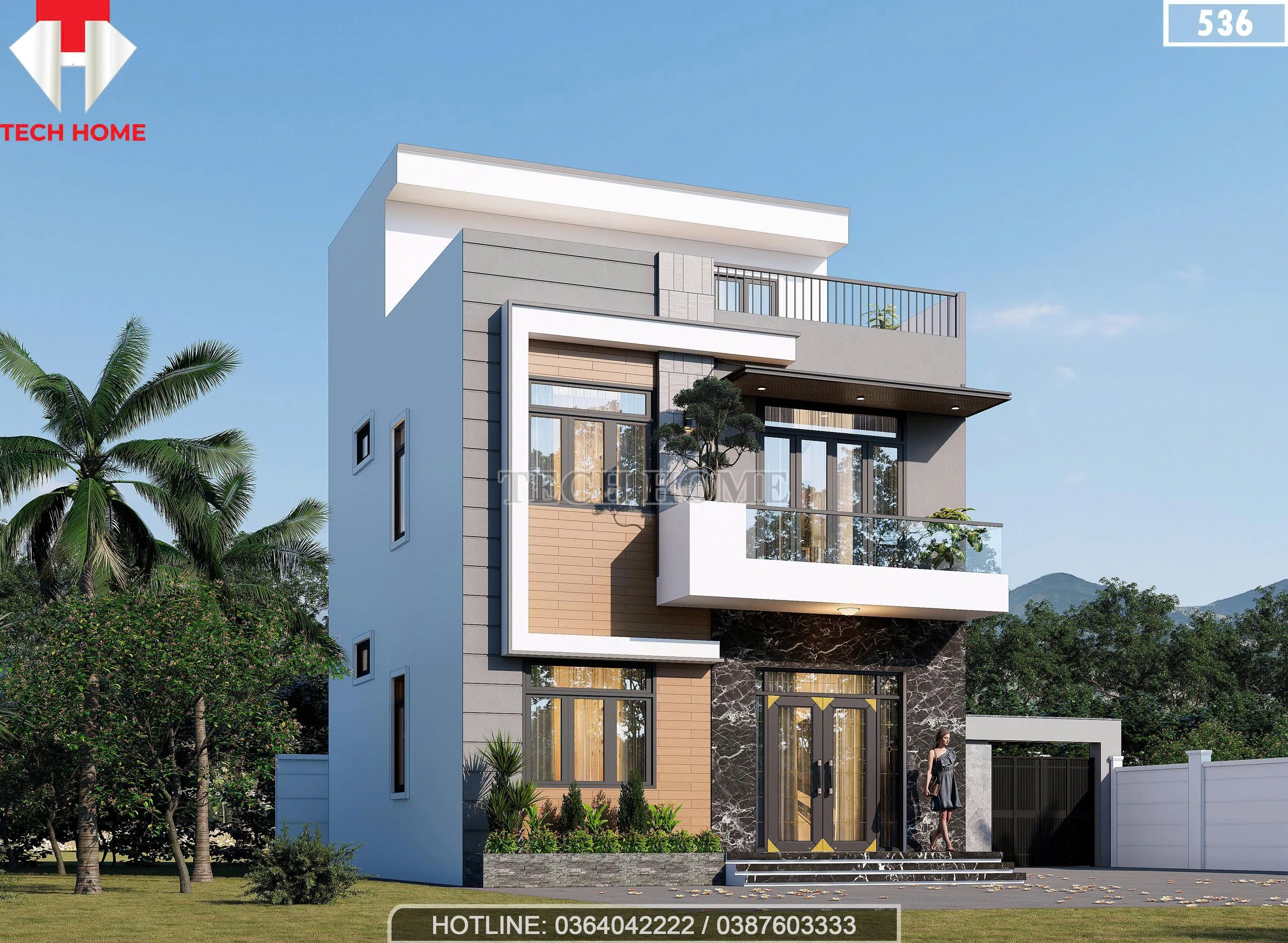 nhà 2 tầng 1 tum hiện đại