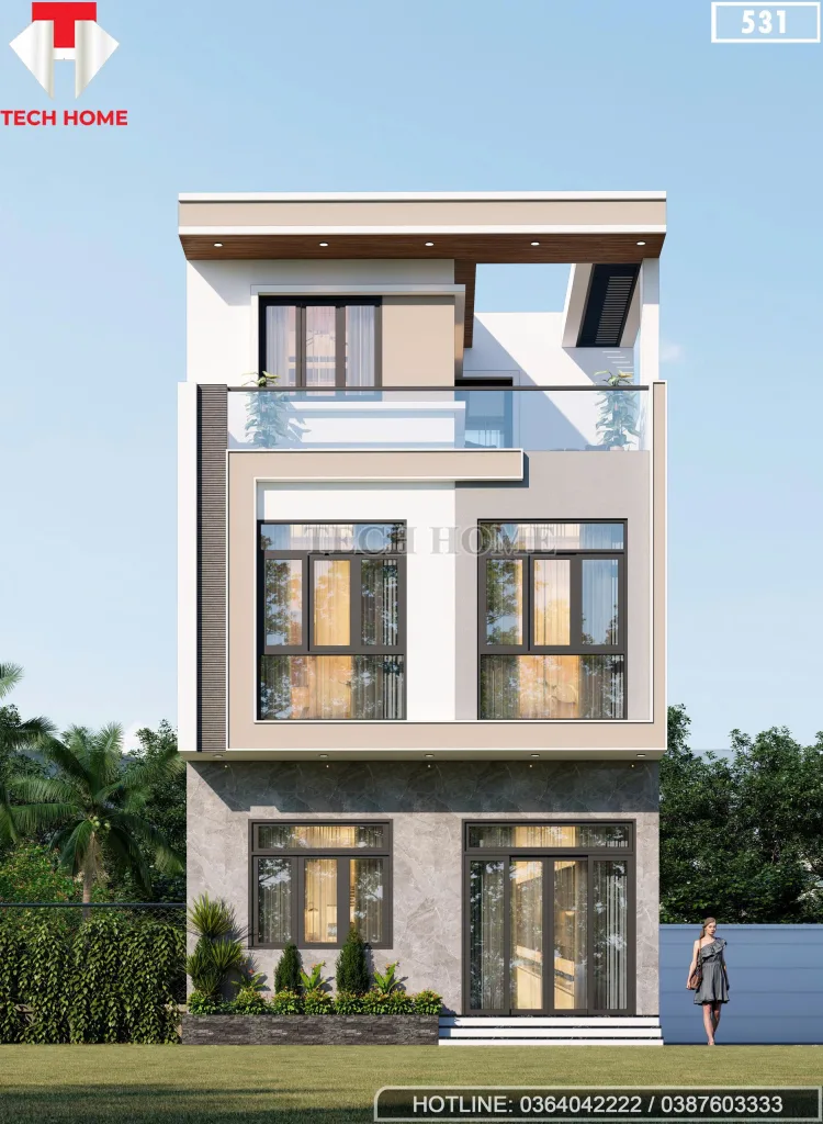 Phối cảnh mặt tiền mẫu nhà 2 tầng 1 tum hiện đại ốp đá sang trọng tại Hoài Đức.