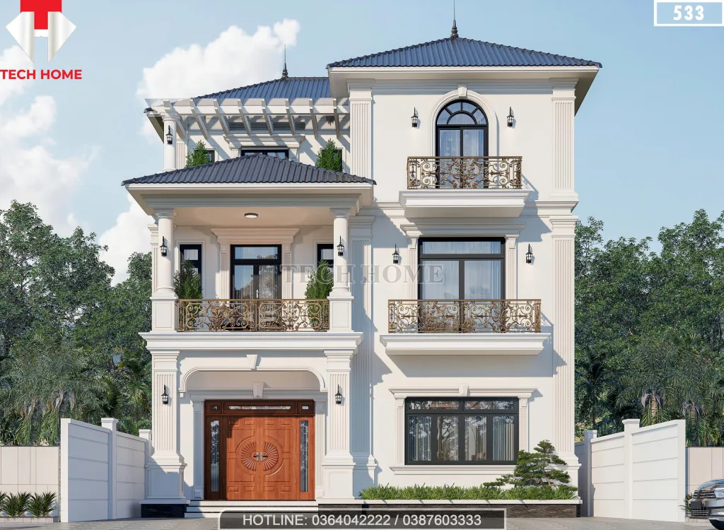 Phối cảnh mặt tiền mẫu nhà 2 tầng 1 tum mái Nhật kiến trúc Tân cổ điển sang trọng tại Thạch Thất.