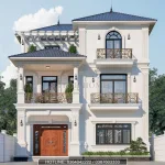 Phối cảnh mặt tiền mẫu nhà 2 tầng 1 tum mái Nhật kiến trúc Tân cổ điển sang trọng tại Thạch Thất.