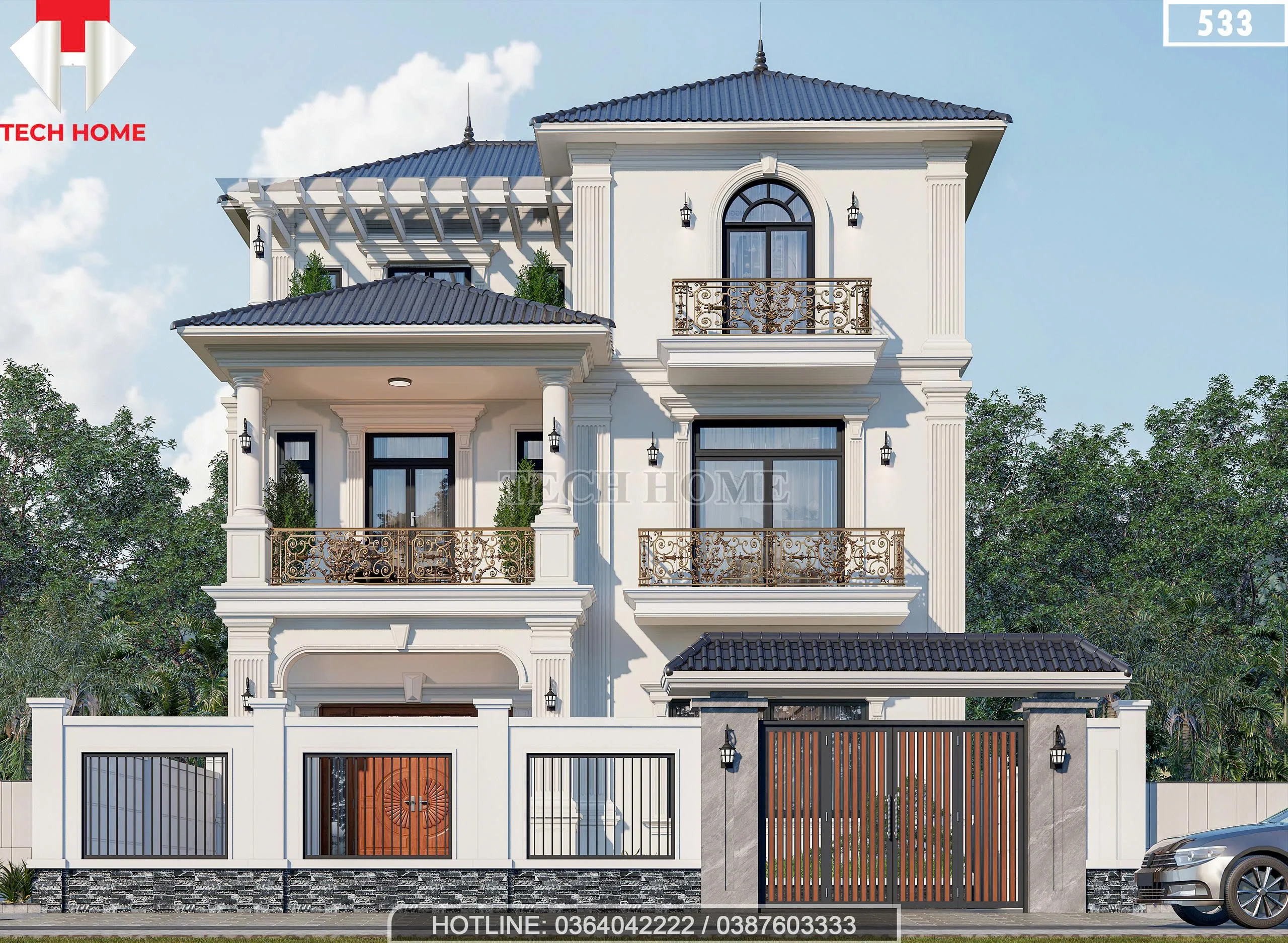 Tổng quát mẫu nhà 2 tầng 1 tum mái Nhật 