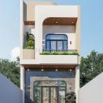 Phối cảnh mặt tiền mẫu nhà 2 tầng đẹp phong cách hiện đại đường cong tại Quảng Ninh.