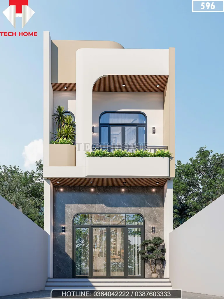 Phối cảnh mặt tiền mẫu nhà 2 tầng đẹp phong cách hiện đại đường cong tại Quảng Ninh.