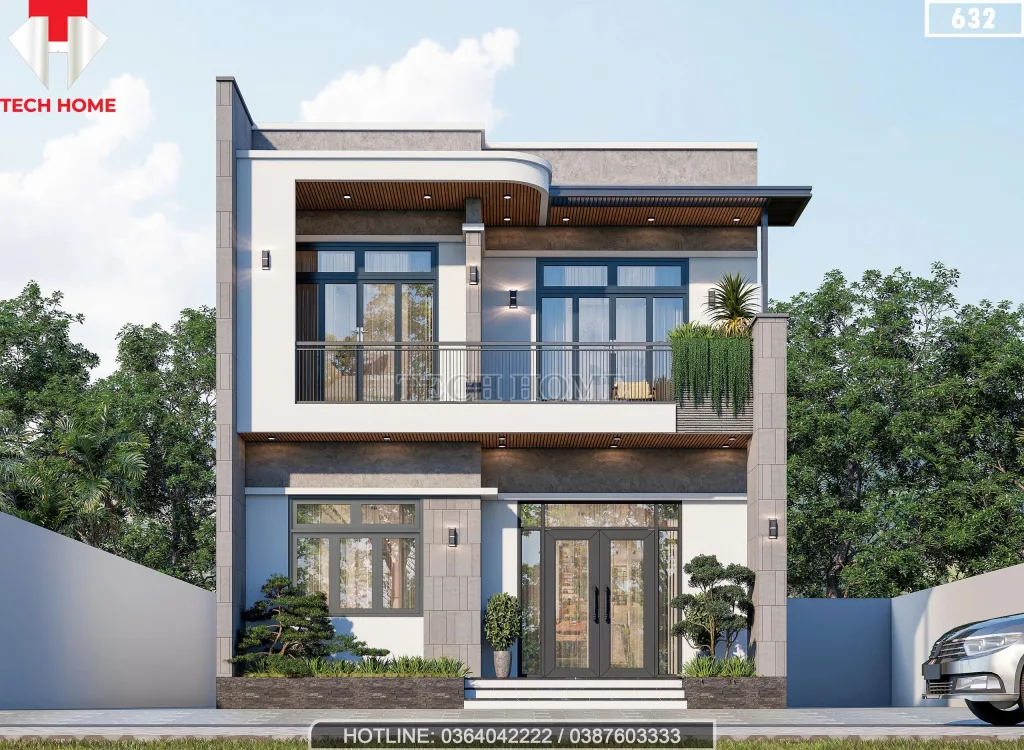 Phối cảnh mặt tiền mẫu nhà 2 tầng đẹp kiến trúc hiện đại mặt tiền 8m tại Hà Nội.