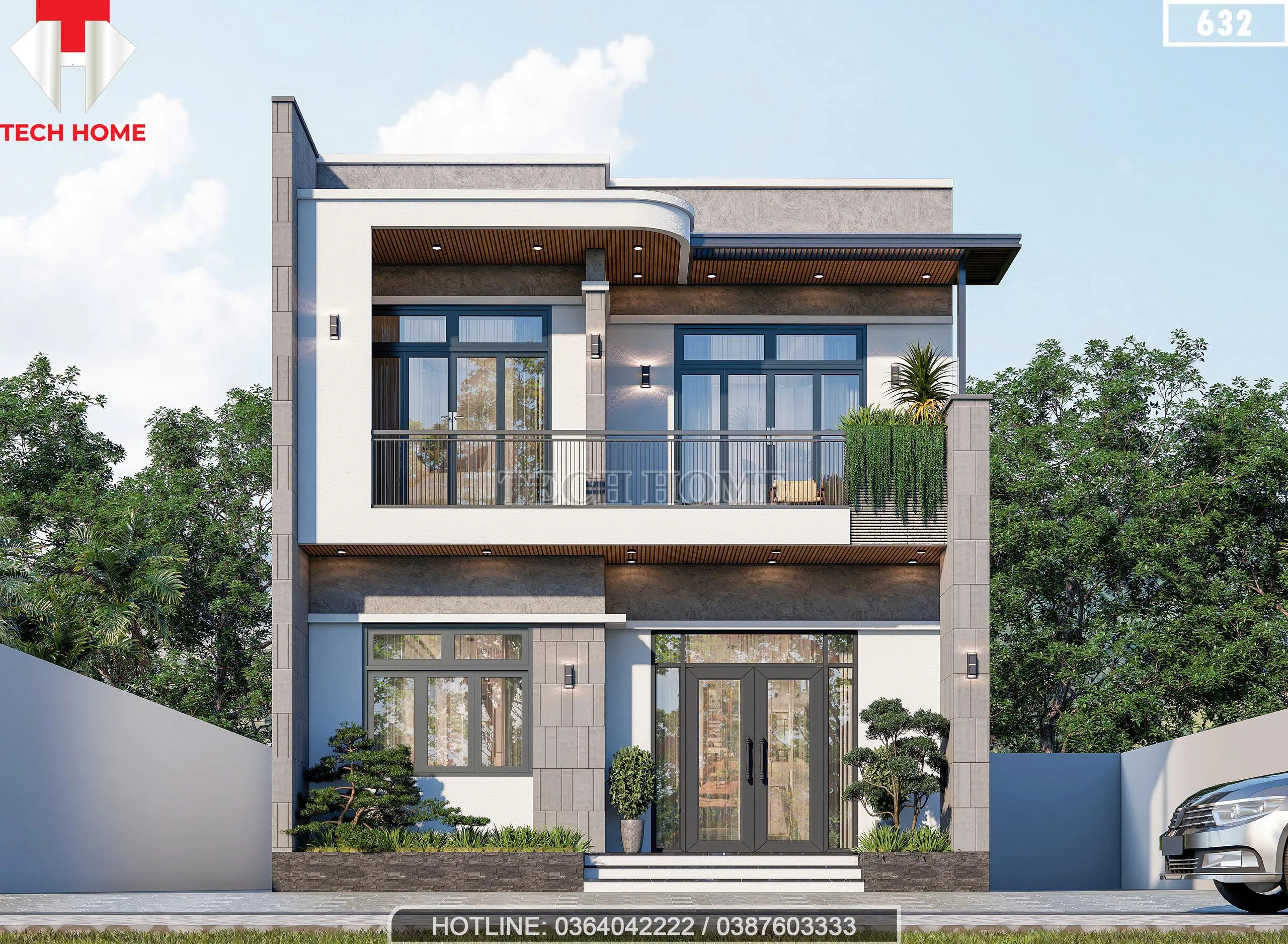 Phối cảnh mặt tiền mẫu nhà 2 tầng đẹp kiến trúc hiện đại mặt tiền 8m tại Hà Nội.