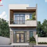 Phối cảnh mặt tiền mẫu nhà 2 tầng đẹp phong cách hiện đại rộng 6m của gia đình anh Huệ tại Nghi Xuân.