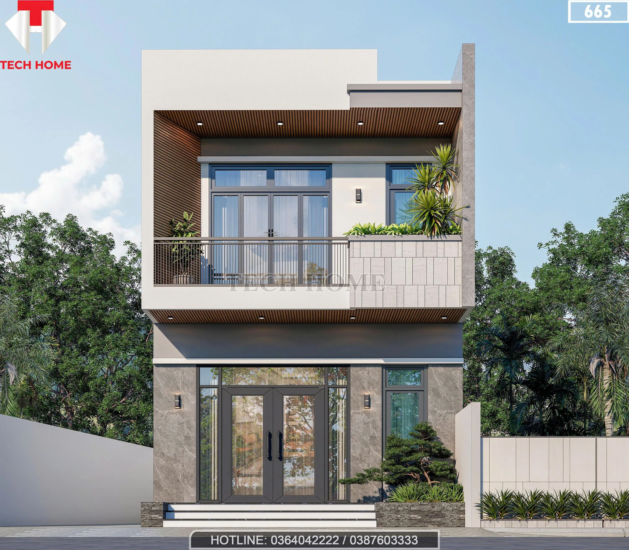 Phối cảnh mặt tiền mẫu nhà 2 tầng đẹp phong cách hiện đại rộng 6m của gia đình anh Huệ tại Nghi Xuân.