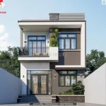 Phối cảnh mặt tiền mẫu nhà 2 tầng đẹp phong cách hiện đại với hình khối vuông vức tại Nghệ An.