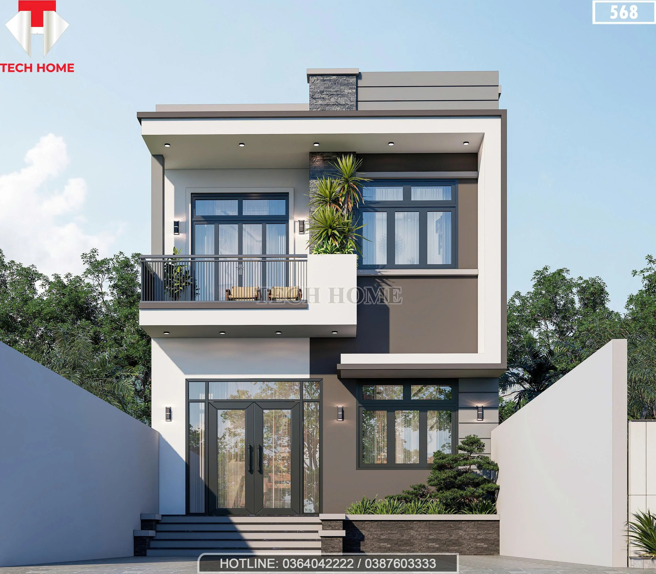 Phối cảnh mặt tiền mẫu nhà 2 tầng đẹp phong cách hiện đại với hình khối vuông vức tại Nghệ An.