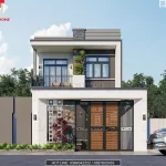 Phối cảnh mặt tiền mẫu nhà 2 tầng đẹp phong cách hiện đại với hình khối vuông vức tại Nghệ An.