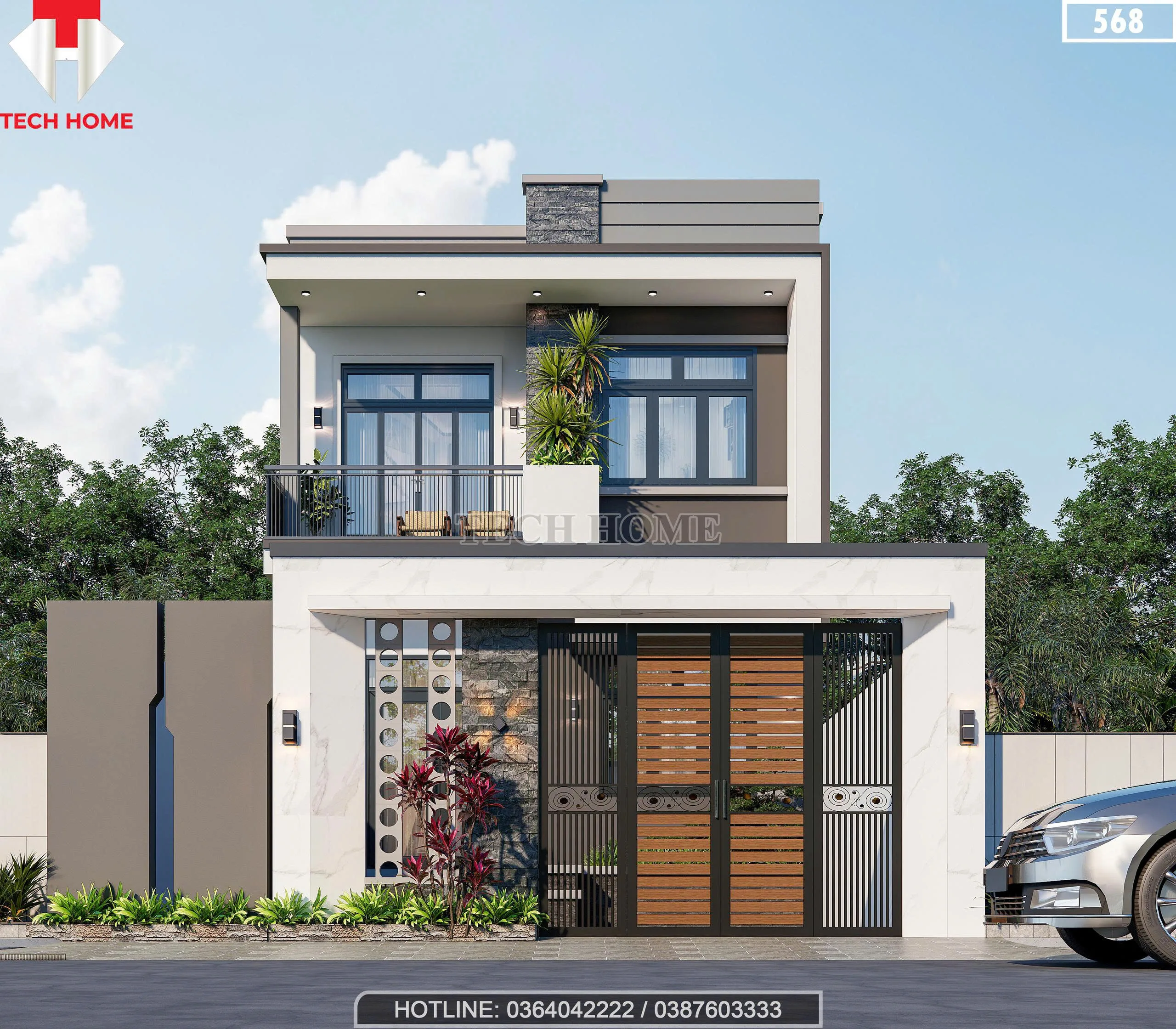 Phối cảnh mặt tiền mẫu nhà 2 tầng đẹp phong cách hiện đại với hình khối vuông vức tại Nghệ An.