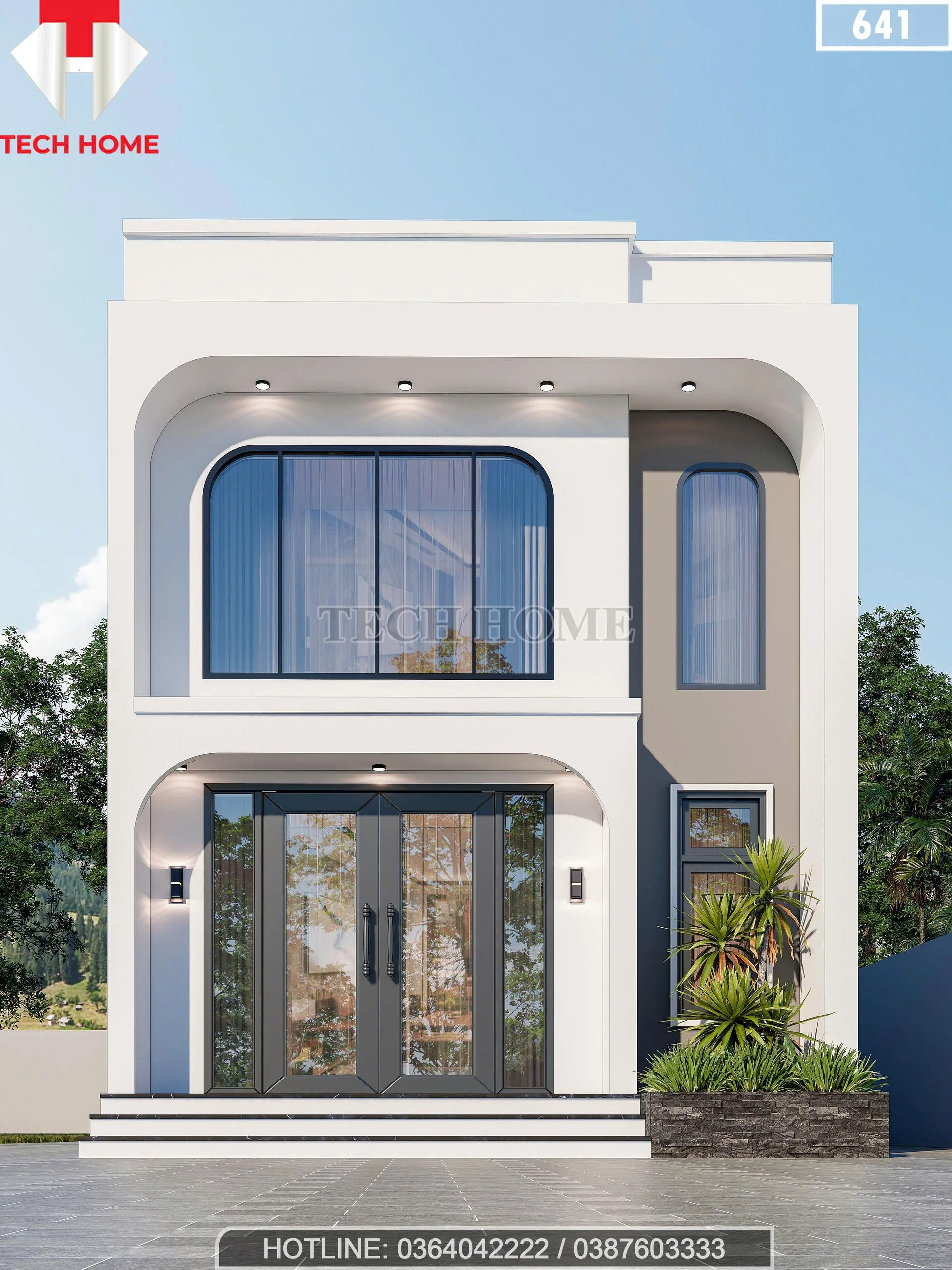 Phối cảnh mặt tiền mẫu nhà 2 tầng đẹp kiến trúc vòm hiện đại mặt tiền 5m5 tại Thái Nguyên.