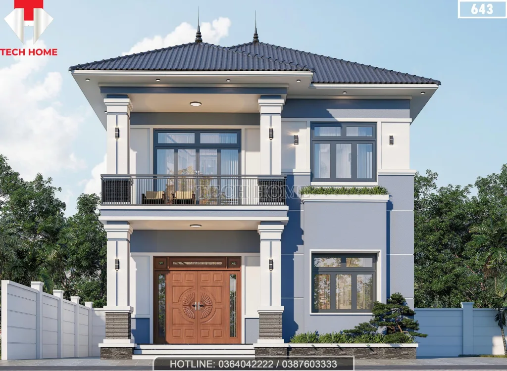 Phối cảnh mặt tiền mẫu nhà 2 tầng mái Nhật hiện đại hệ cột vuông khỏe khoắn tại Thủy Nguyên.