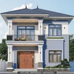 Phối cảnh mặt tiền mẫu nhà 2 tầng mái Nhật hiện đại hệ cột vuông khỏe khoắn tại Thủy Nguyên.