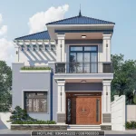 Phối cảnh mặt tiền mẫu nhà 2 tầng mái Nhật hiện đại hệ cột vuông vức tại Bắc Ninh.