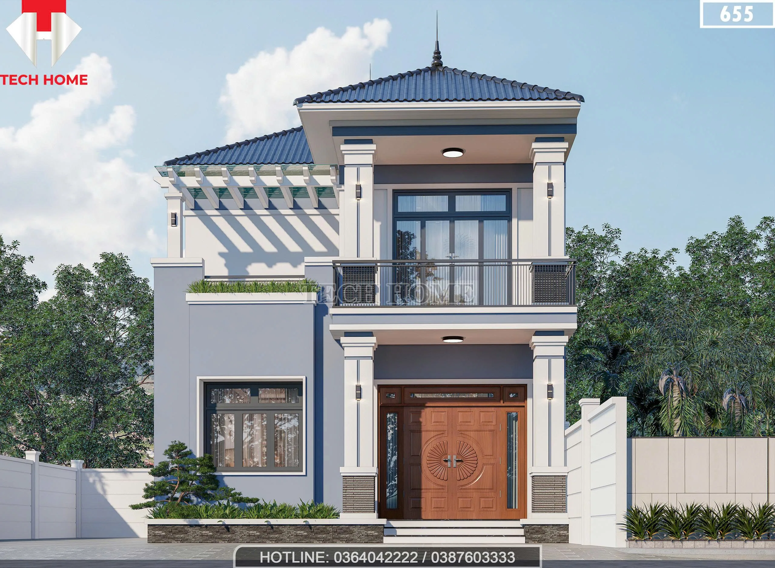 Phối cảnh mặt tiền mẫu nhà 2 tầng mái Nhật hiện đại hệ cột vuông vức tại Bắc Ninh.