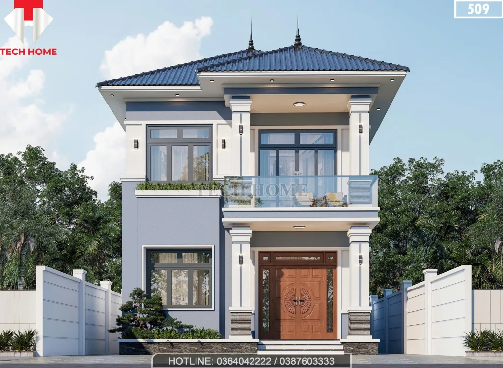 Phối cảnh mặt tiền chính diện mẫu nhà 2 tầng mái Nhật hiện đại rộng 7.3m của anh Bình tại Nghệ An.