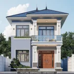 Phối cảnh mặt tiền chính diện mẫu nhà 2 tầng mái Nhật hiện đại rộng 7.3m của anh Bình tại Nghệ An.