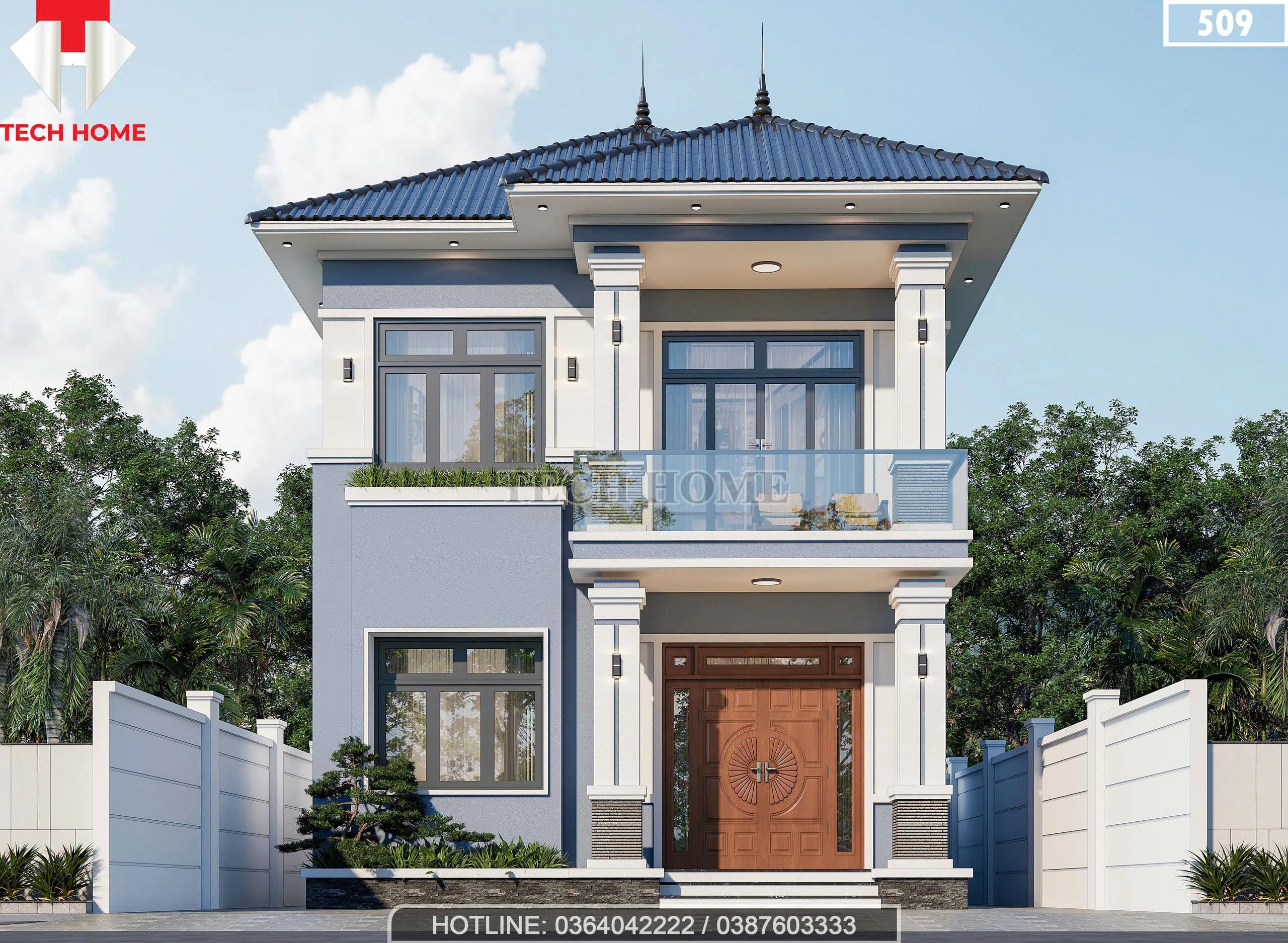 Phối cảnh mặt tiền chính diện mẫu nhà 2 tầng mái Nhật hiện đại rộng 7.3m của anh Bình tại Nghệ An.