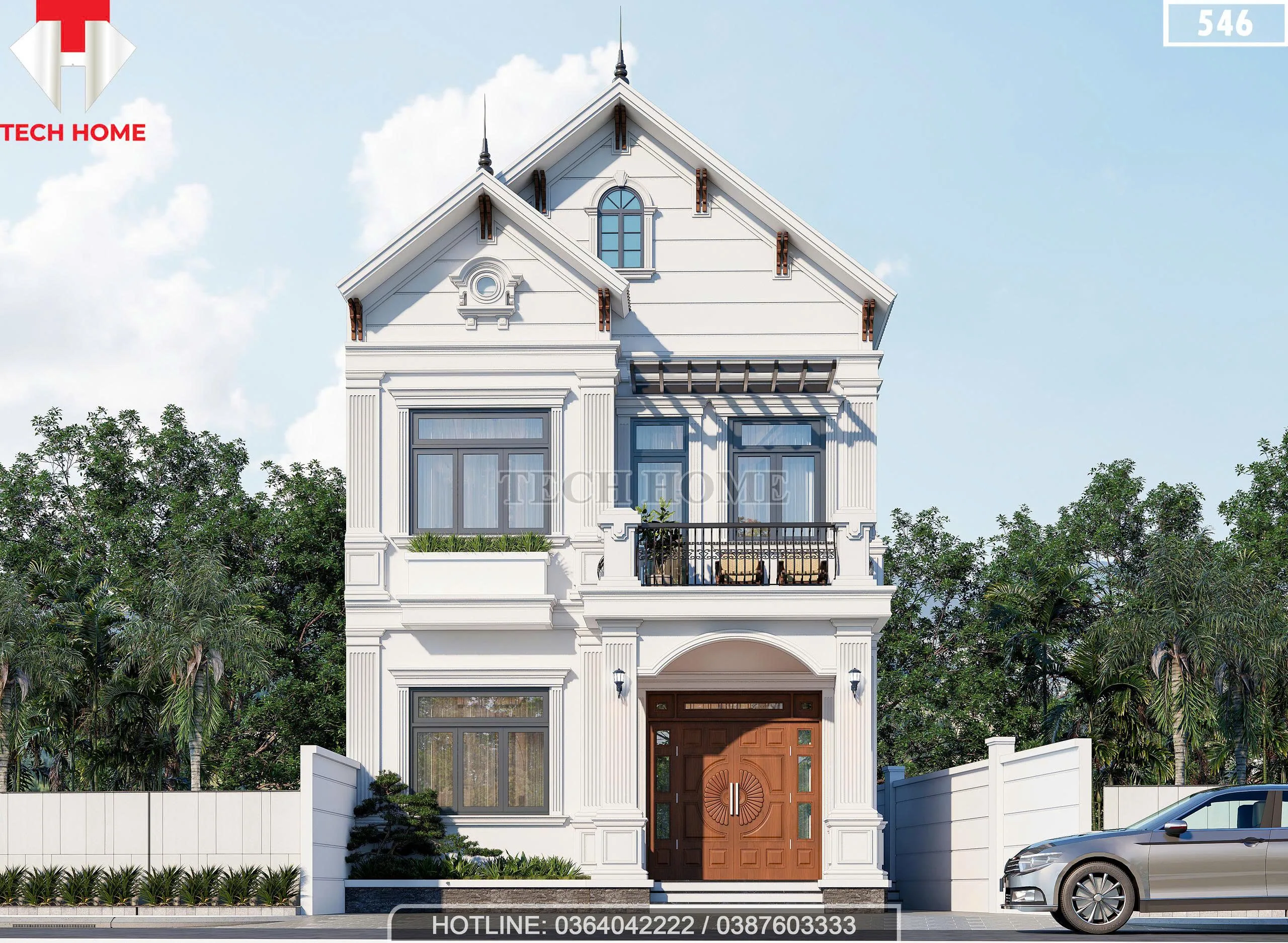 Phối cảnh mặt tiền mẫu nhà 2 tầng mái Thái kiến trúc Tân cổ điển nhẹ nhàng tại Hưng Yên.