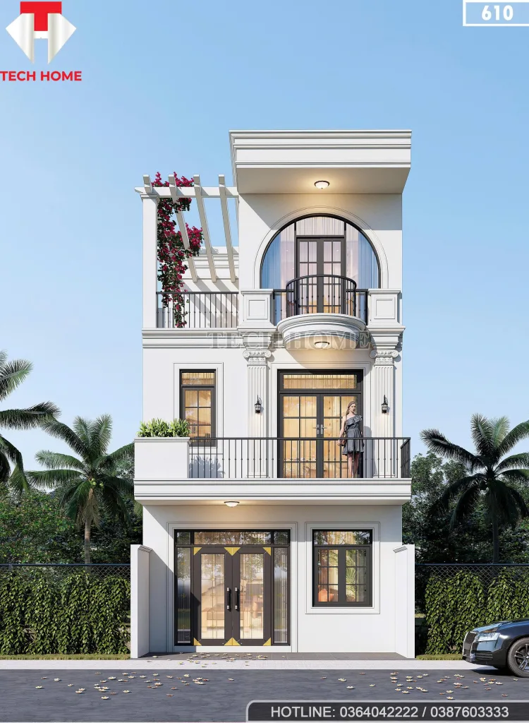 Phối cảnh mặt tiền mẫu nhà 3 tầng đẹp phong cách Tân cổ điển với hệ mái vòm và lan can sắt mỹ thuật tại Hà Nội.