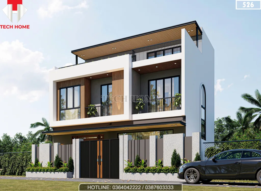 Góc nghiêng mẫu nhà 3 tầng hiện đại mái bằng kết hợp cửa kính và lam gỗ thoáng mát.