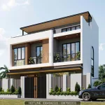 Góc nghiêng mẫu nhà 3 tầng hiện đại mái bằng kết hợp cửa kính và lam gỗ thoáng mát.