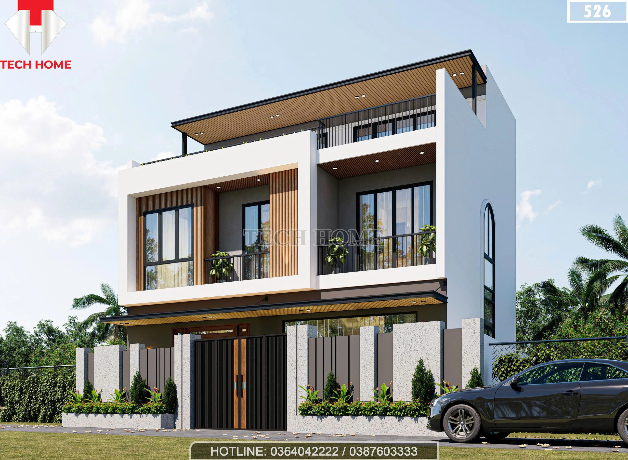 Góc nghiêng mẫu nhà 3 tầng hiện đại mái bằng kết hợp cửa kính và lam gỗ thoáng mát.