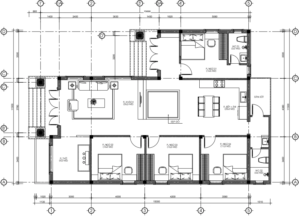 mặt bằng mẫu nhà cấp 4 mái Nhật 4 phòng ngủ
